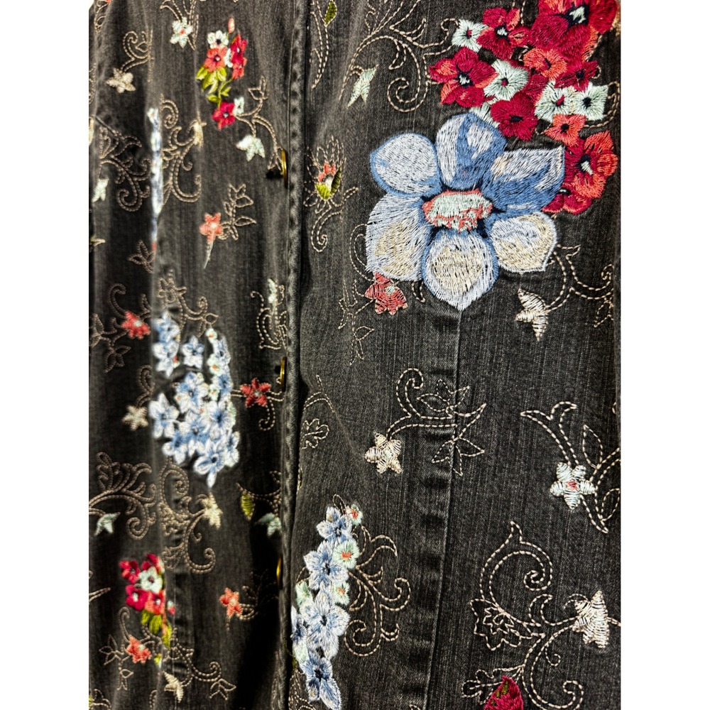 Denim & Co Floral Embroidered Denim Chore Coat Jacket Black Size Large - Picture 4 of 9